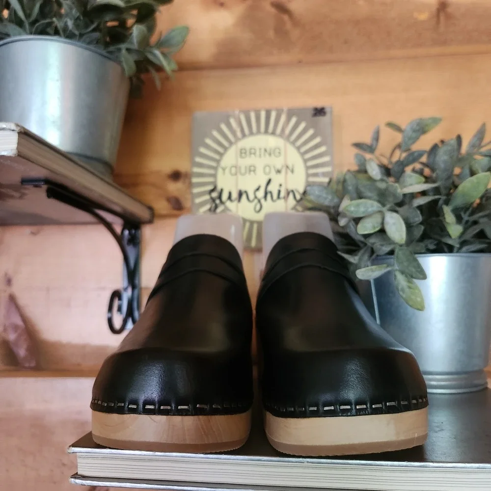 Aormatou Black Leather Wooden Penny Loafer Clogs Handmade Block Heel Shoes Sz 8 - Picture 5 of 7